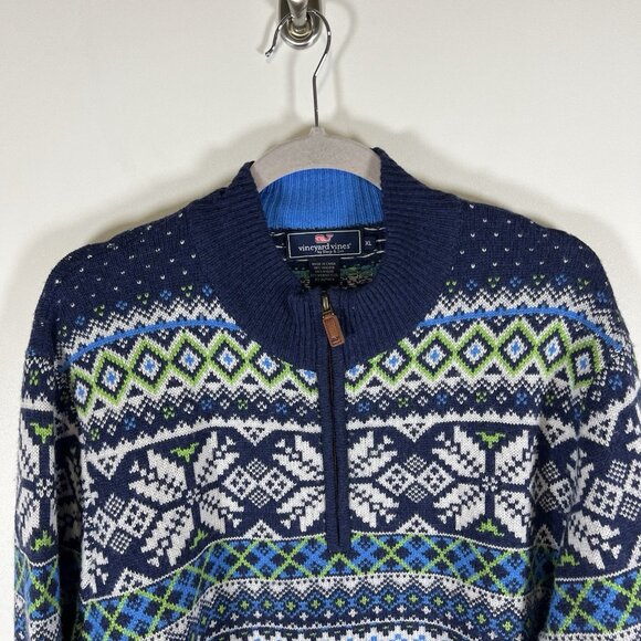 Vineyard Vines Sweater Mens XL Fair Isle Nordic Merino Wool 1/4 Zip Alpaca - Picture 2 of 9